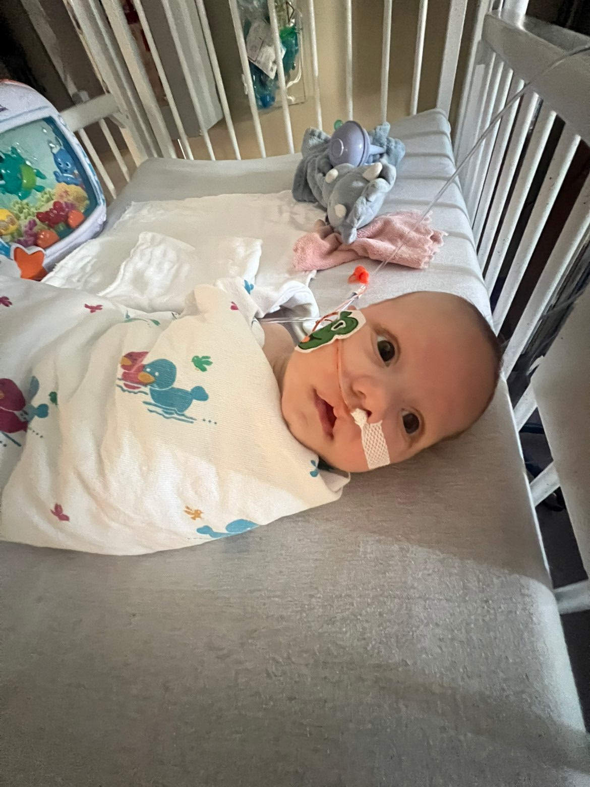 Baby Geletta resting in a hospital crib during treatment