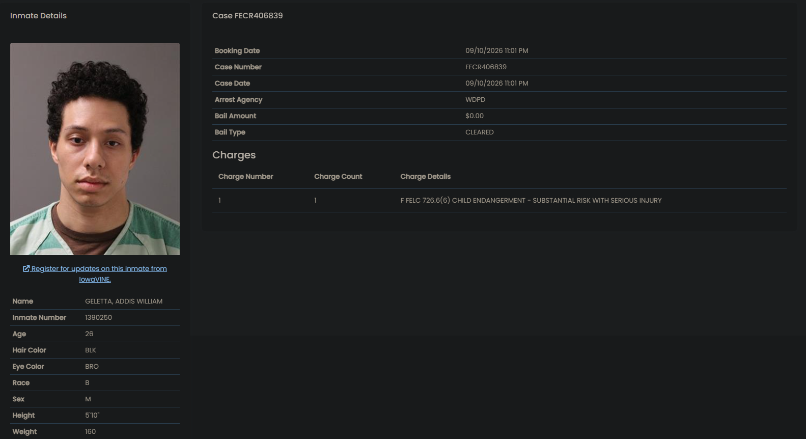 September 10, 2026 public booking record for Addis William Geletta